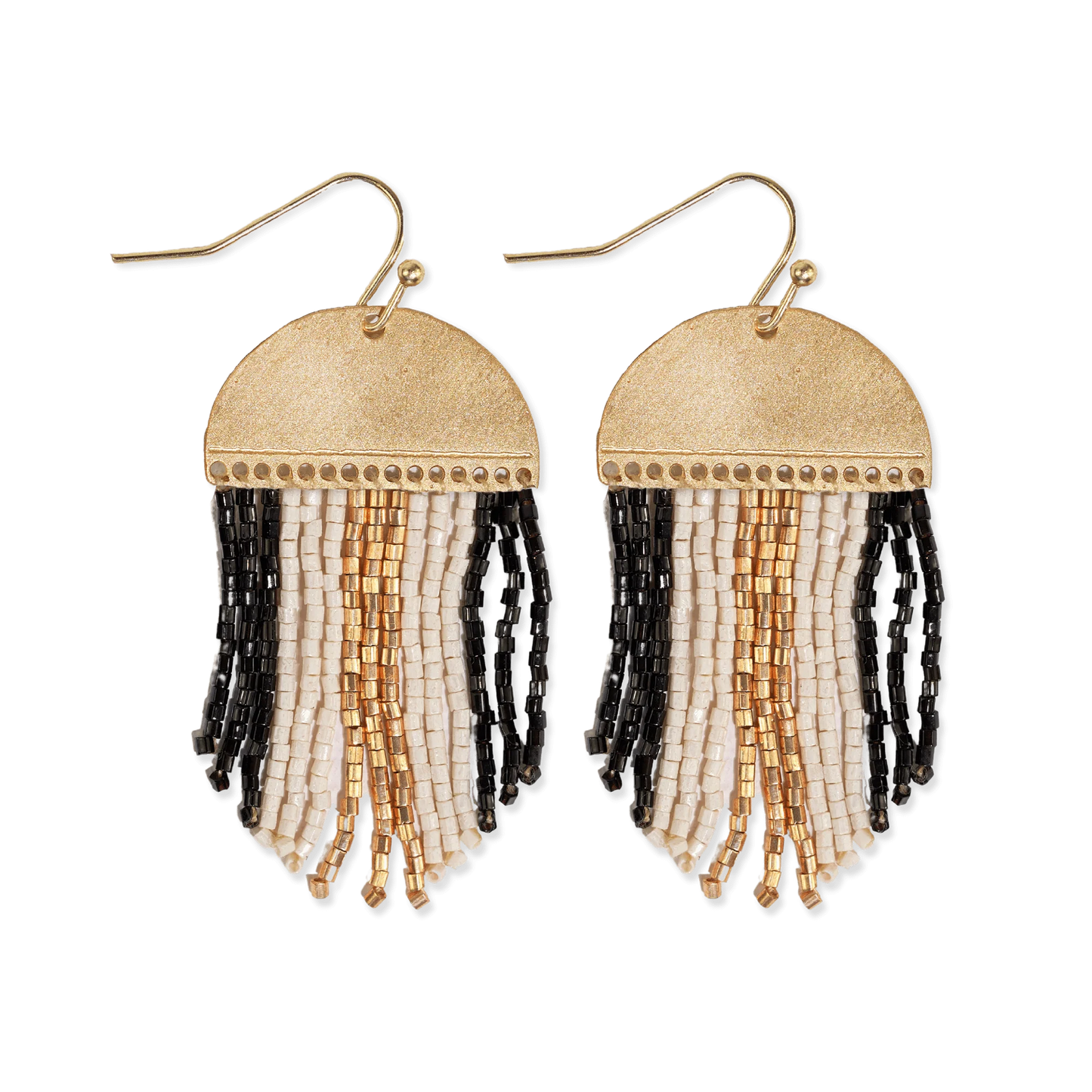 Claudia 3 Color Stripe Short Beaded Fringe Earrings Black/White