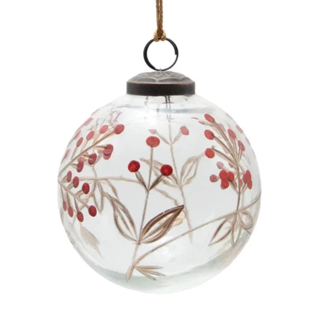 Ornament - Hand-Painted Etched Glass Ball w/Berry Design