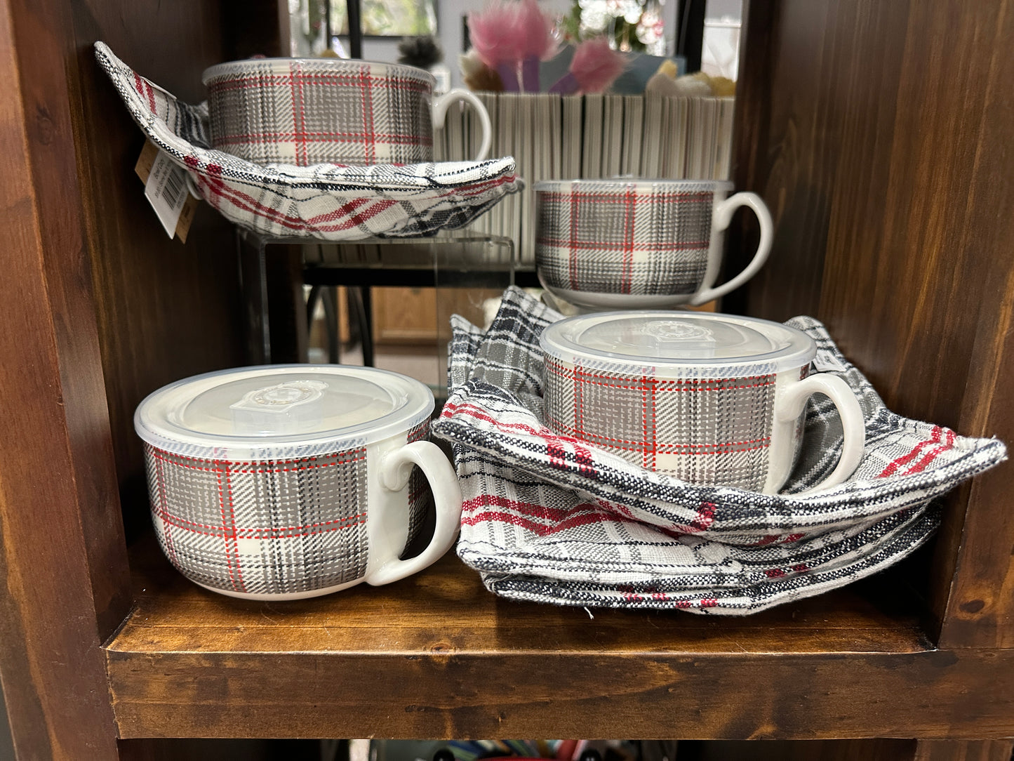 Winter Plaid Soup Mug W/Lid
