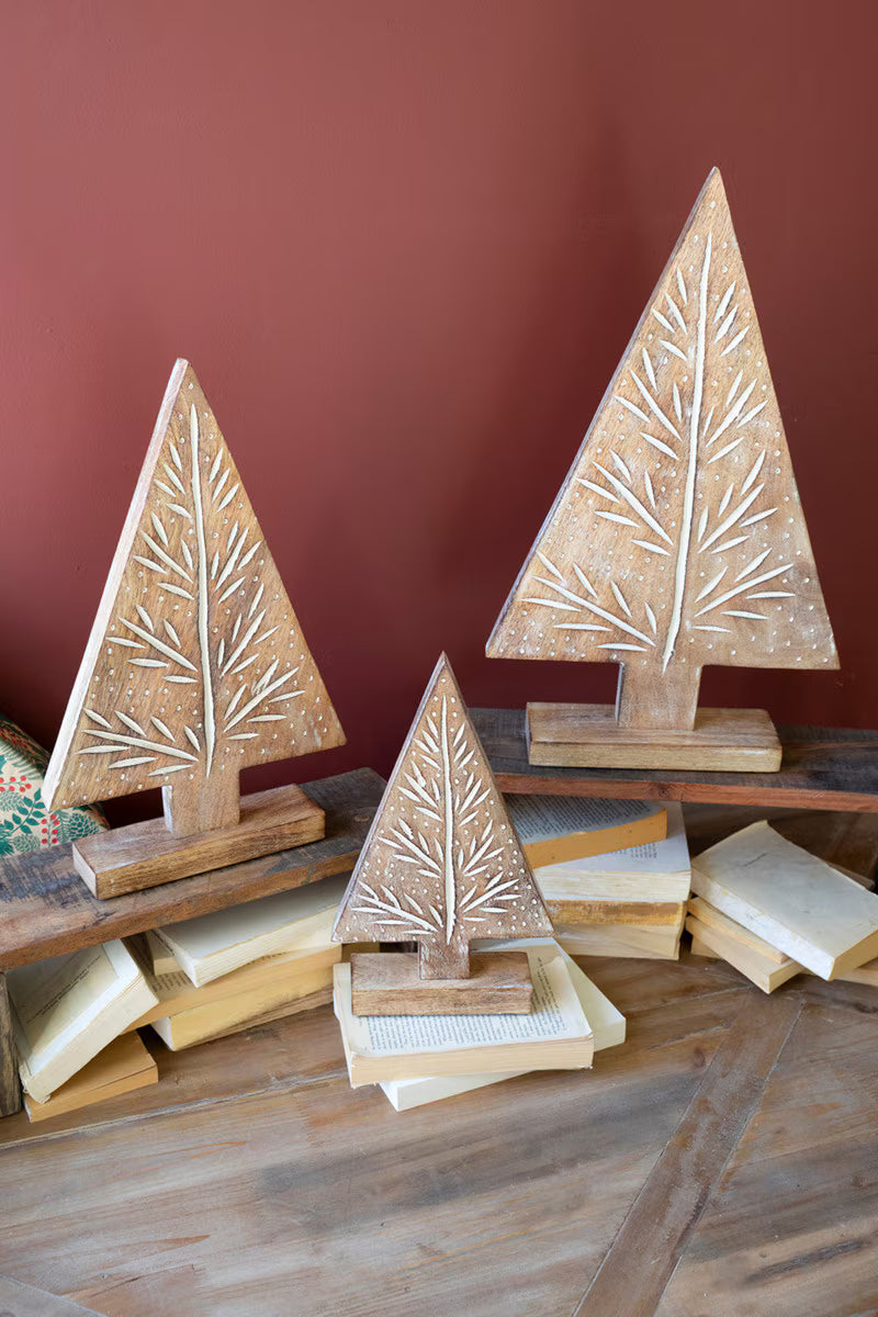 Carved Wooden Christmas Trees On Stand (Sold Separately)