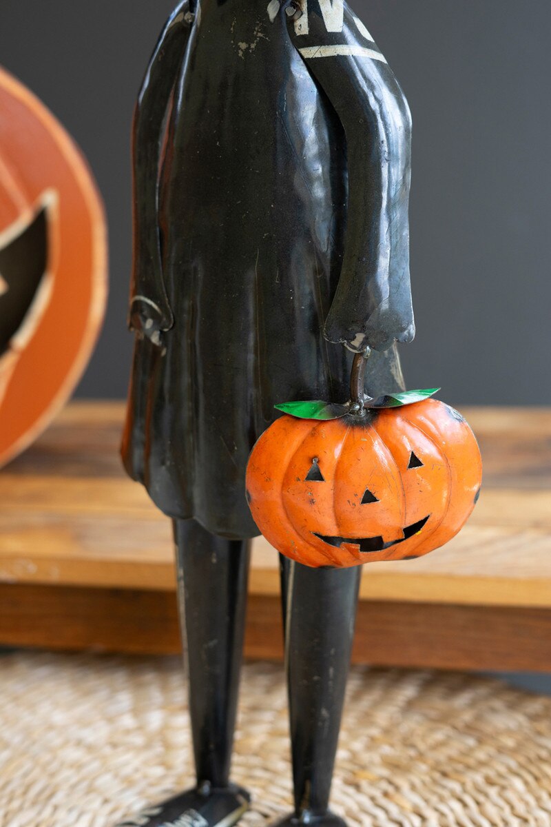 Recycled Iron Standing Black Halloween Cat w/ Pumpkin