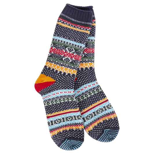 World's Softest Socks - Women's Holiday Seasonal Crew. Navy Multi Stripe