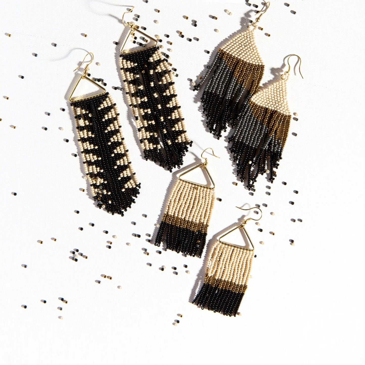 Whitney Color Block Stripe Beaded Fringe Earrings Black