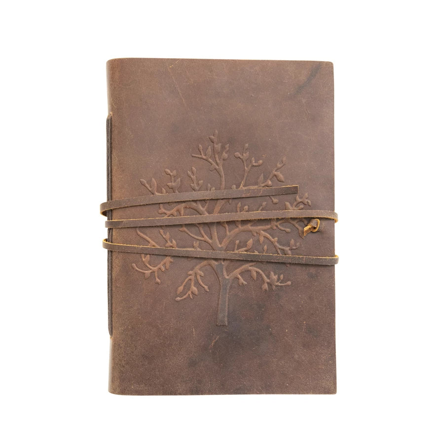 Creative Co-op - Leather Bound Journal w/ Handmade Paper, Embossed Tree & Tie