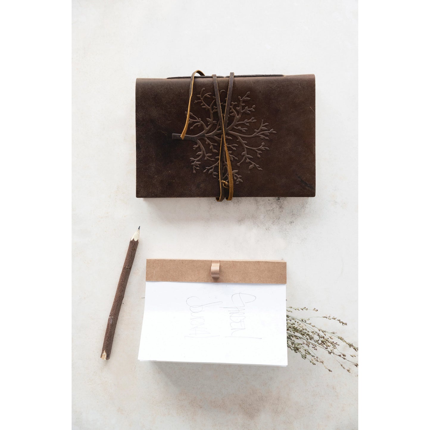 Creative Co-op - Leather Bound Journal w/ Handmade Paper, Embossed Tree & Tie