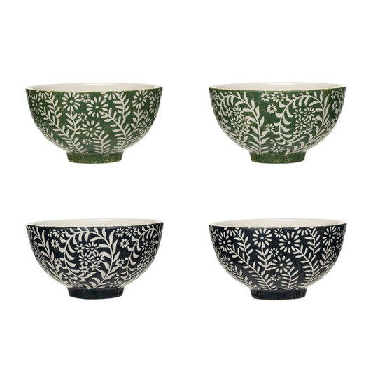 Creative Co-Op - Round Stoneware Bowl w/ Wax Relief Botanicals