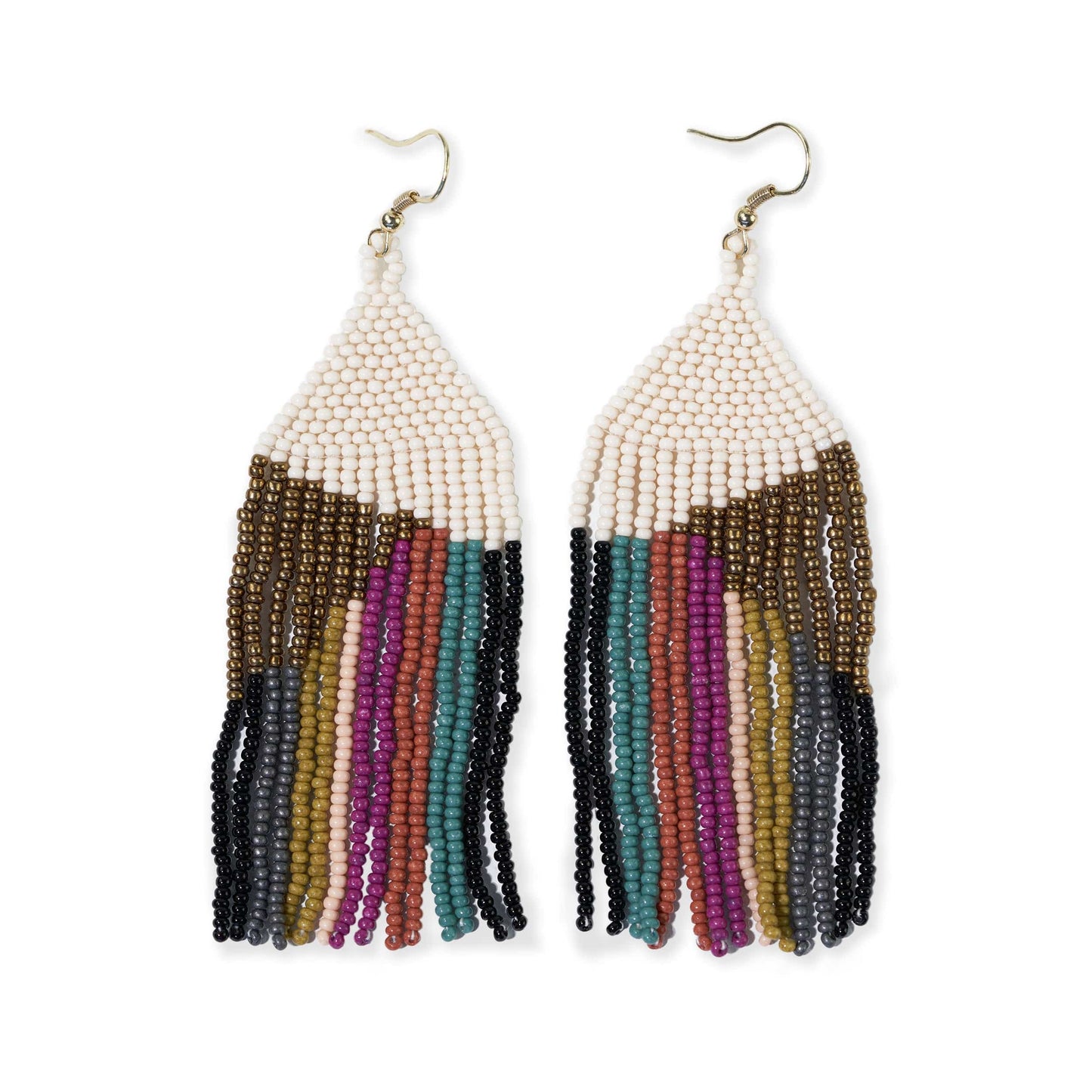 Elise Angle with Stripes Beaded Fringe Earrings Muted Rainbow