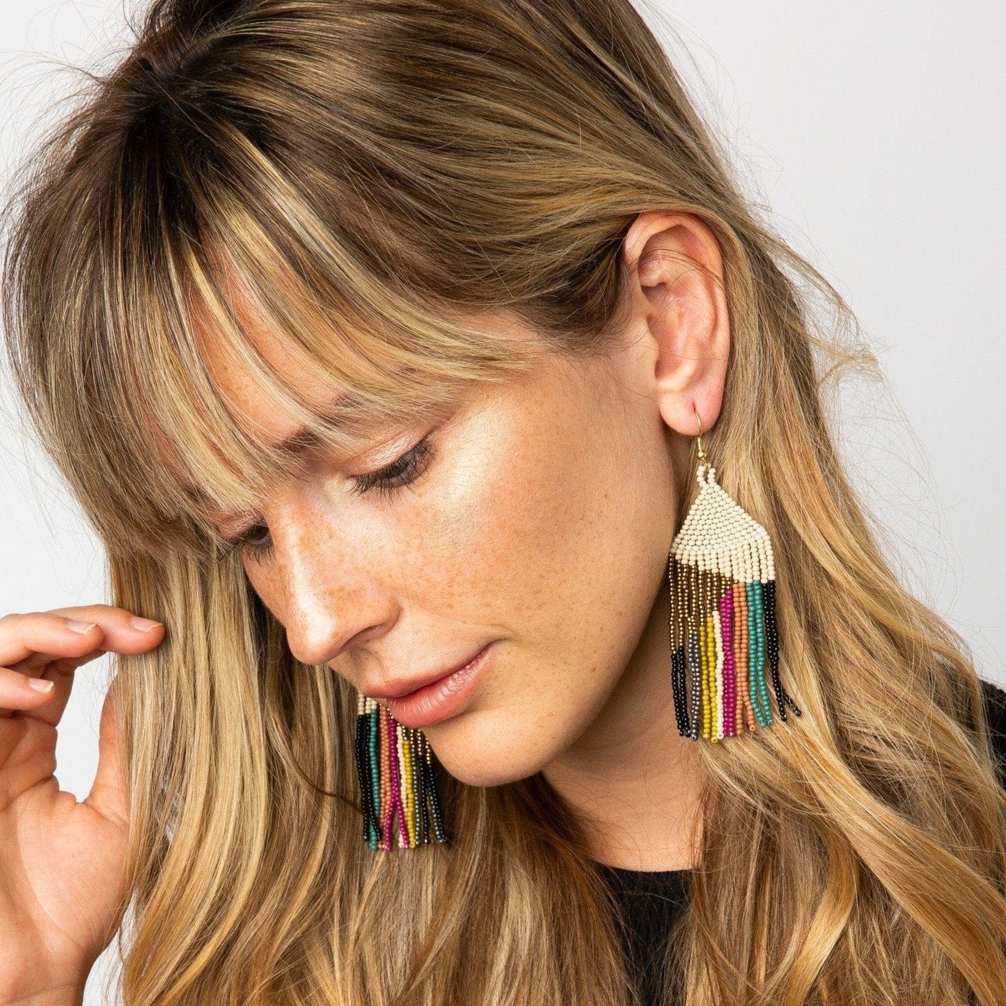 Elise Angle with Stripes Beaded Fringe Earrings Muted Rainbow