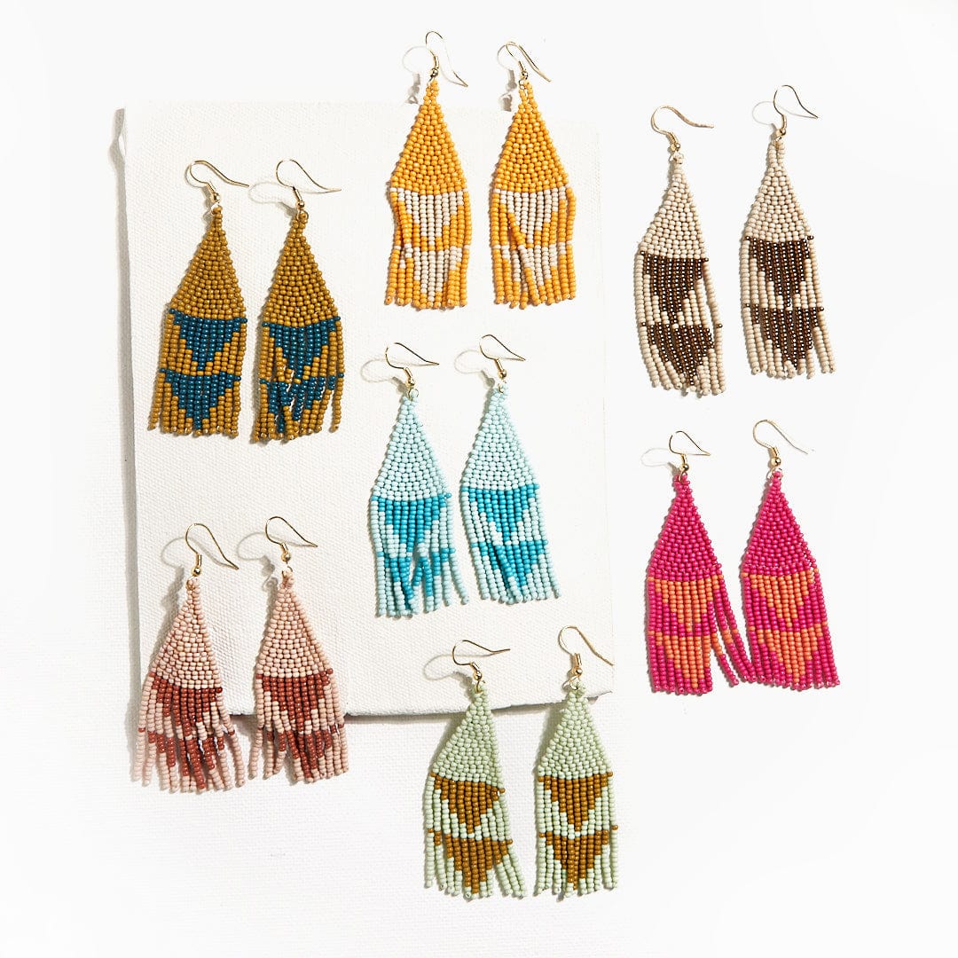 Lennon Two Color Triangles Beaded Fringe Earrings Cream