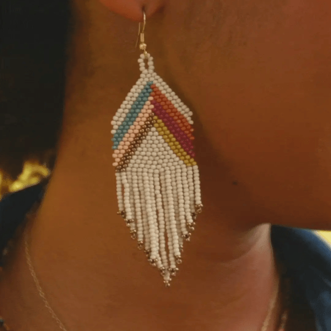 Elise Chevron Beaded Fringe Earrings Muted Rainbow
