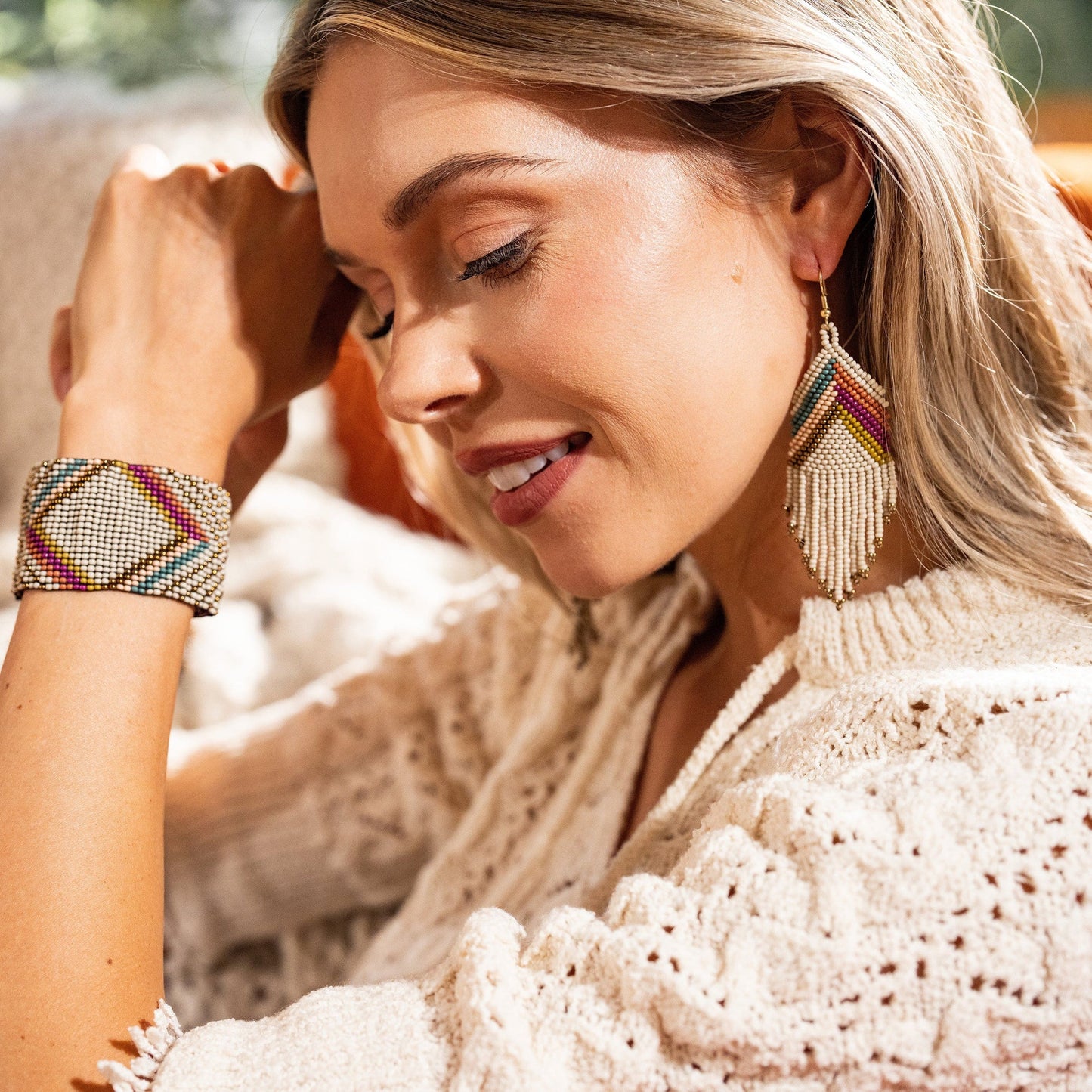Elise Chevron Beaded Fringe Earrings Muted Rainbow