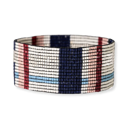 Kenzie Woven Stripes Beaded Stretch Bracelet Navy & Silver