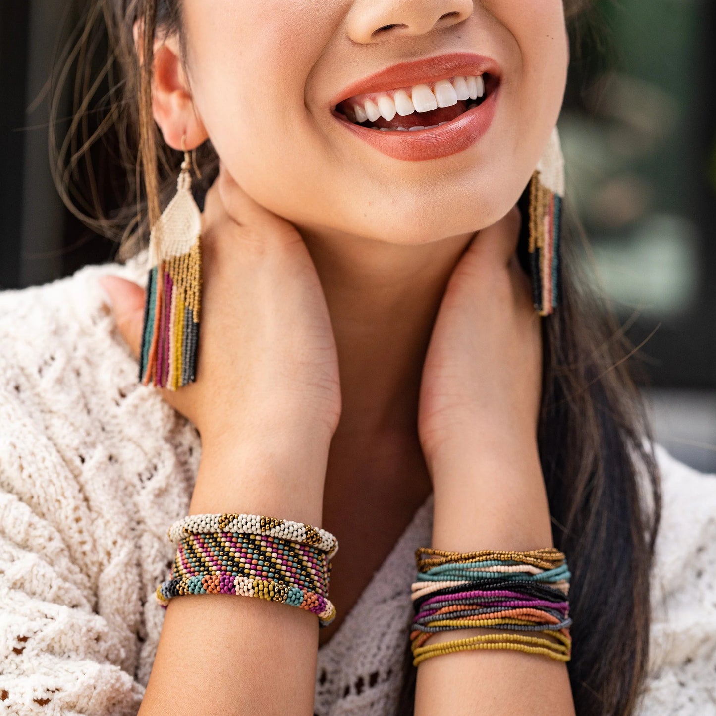 Lane Diagonal Stripe Beaded Stretch Bracelet Muted Rainbow