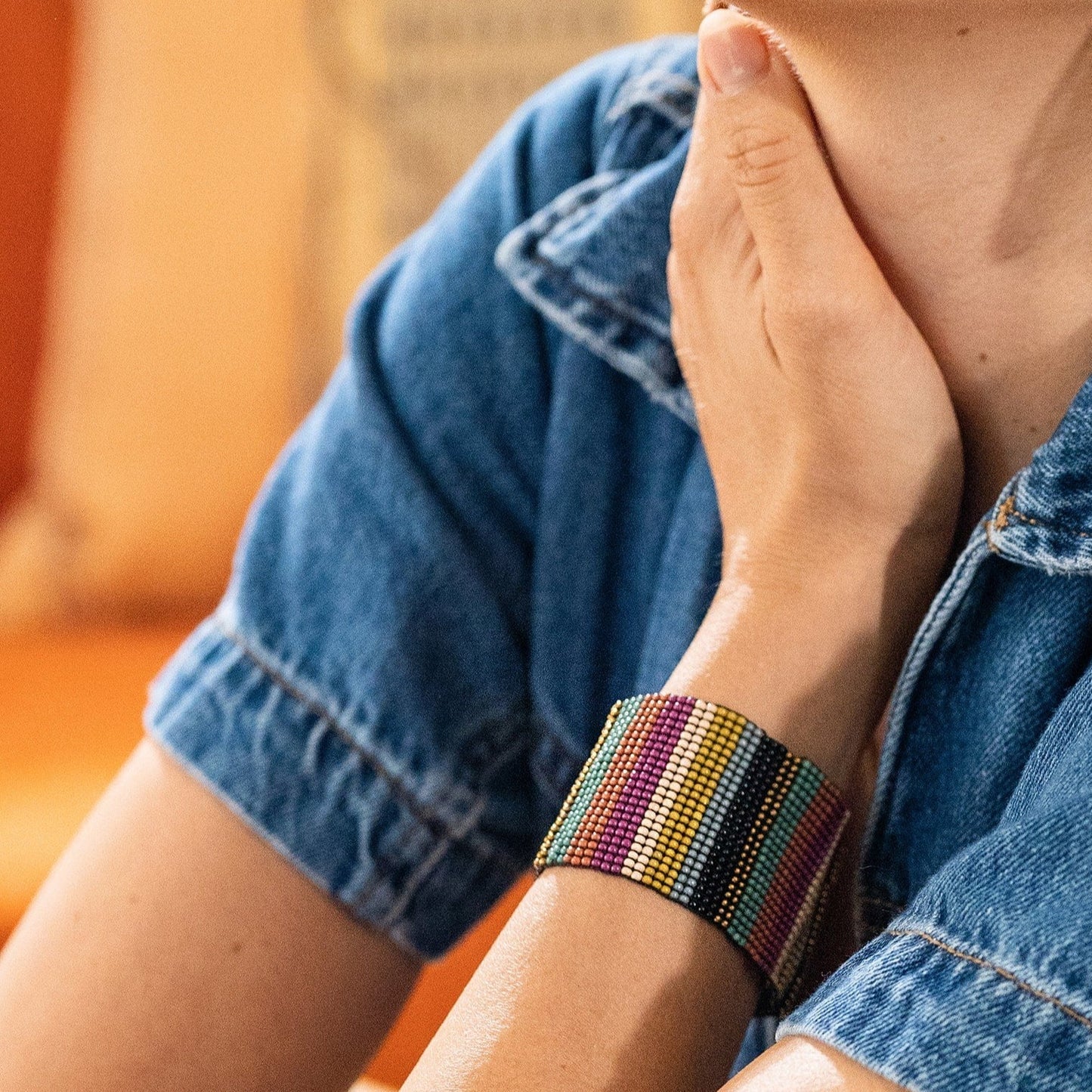 Penelope Vertical Stripe Beaded Stretch Bracelet Muted Rainbow