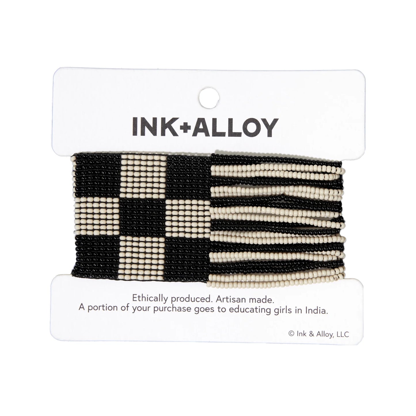 Olive Checkered Beaded Stretch Bracelet Black