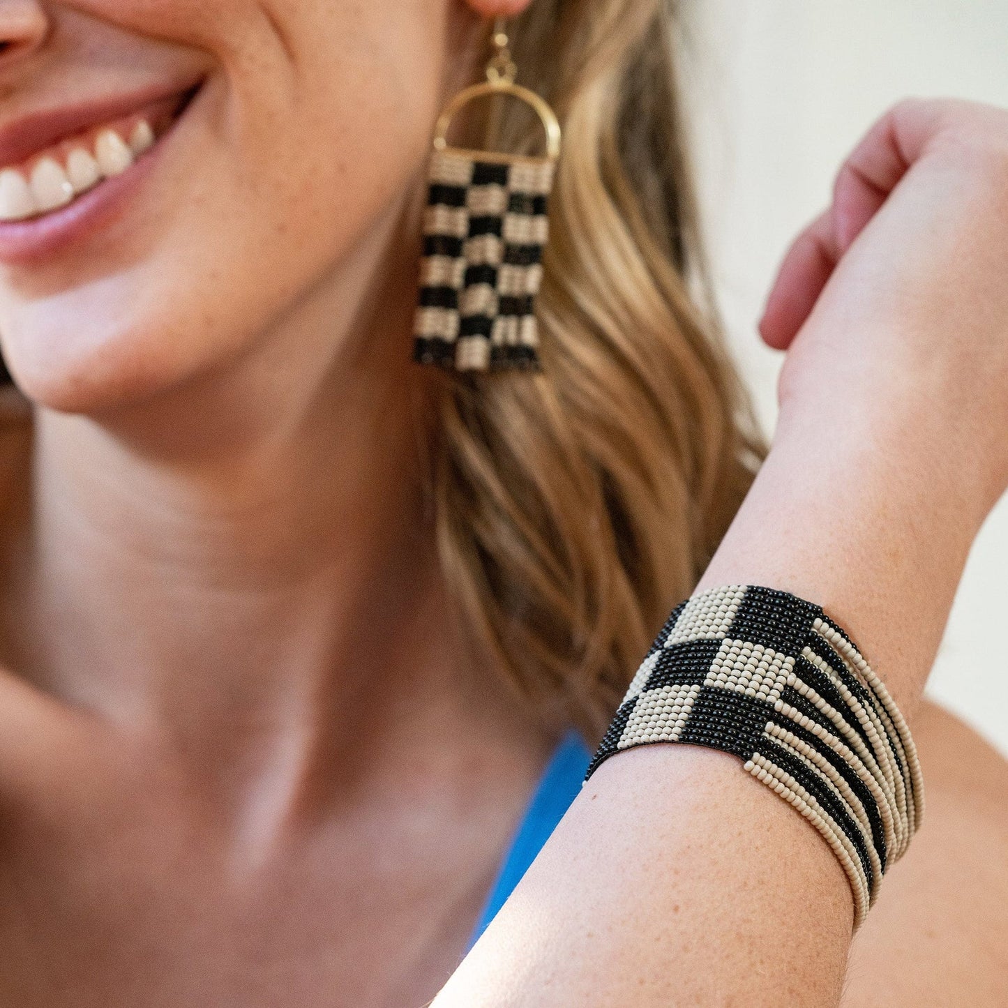 Olive Checkered Beaded Stretch Bracelet Black