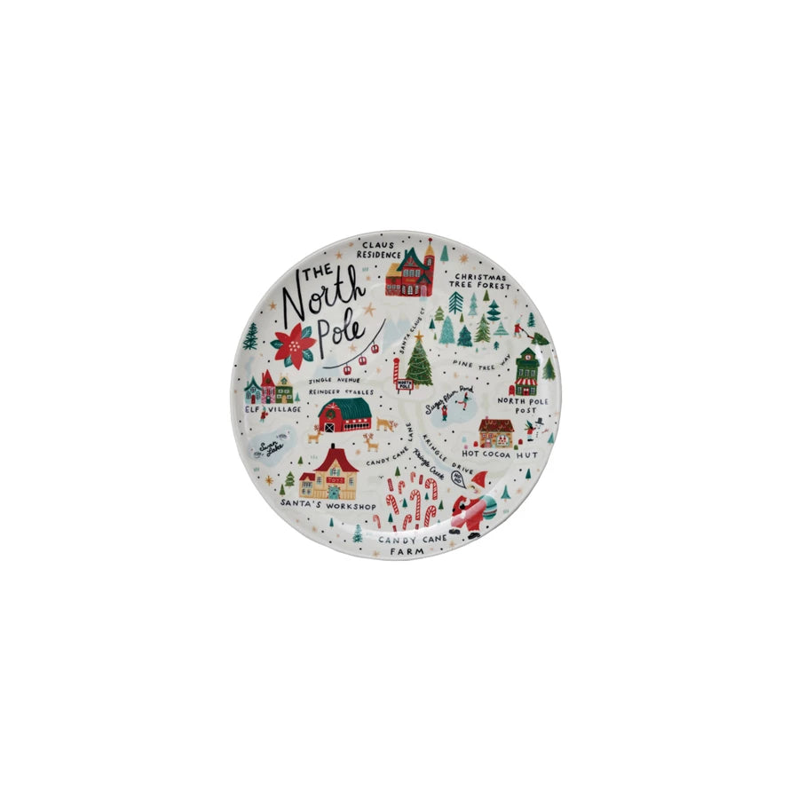Round Stoneware Plate w/ North Pole Scene