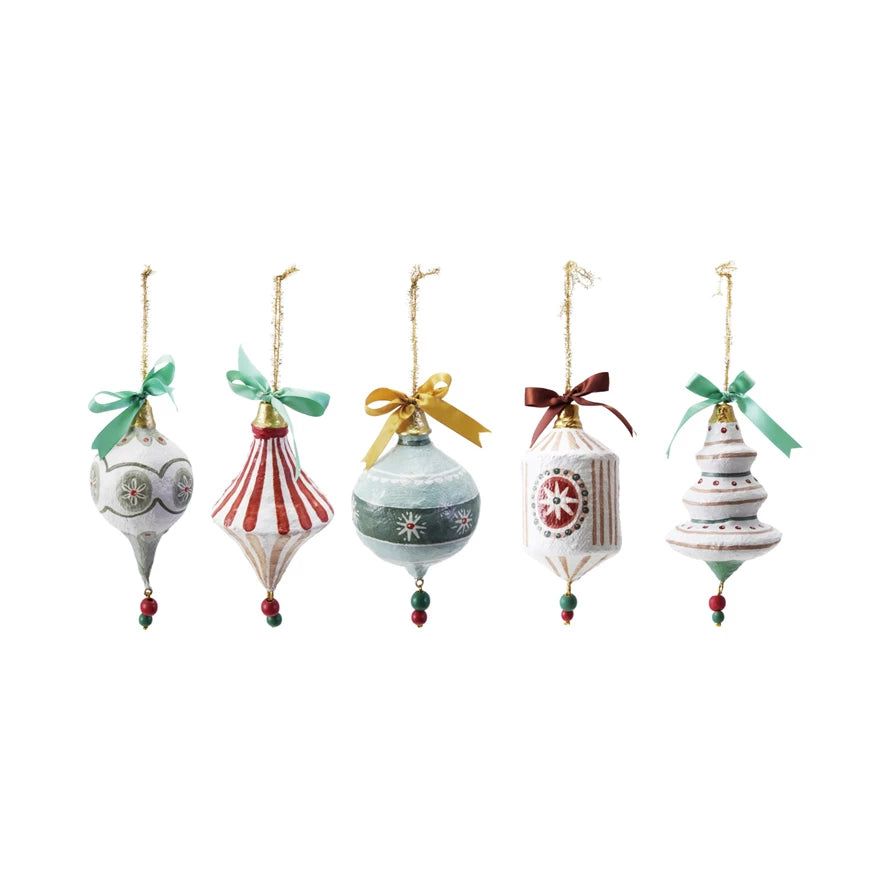 Ornament - Hand-painted Paper Mache Ornament w/ Bow & Design (5 styles)