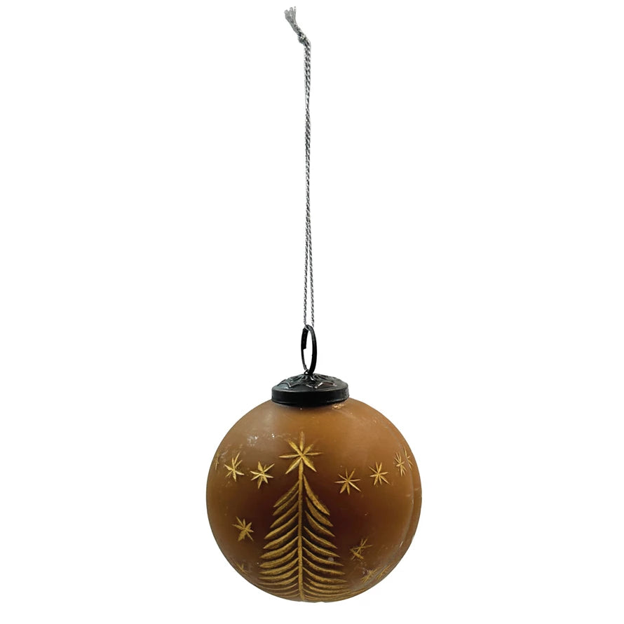 Ornament - Hand-painted Glass Ball with Etched Trees and Stars (2 Colors)
