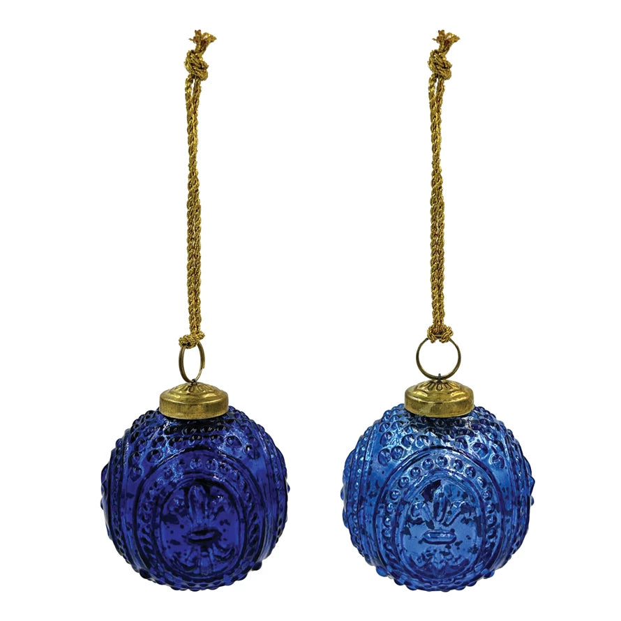 Ornament - Blue Embossed Mercury Glass Ball