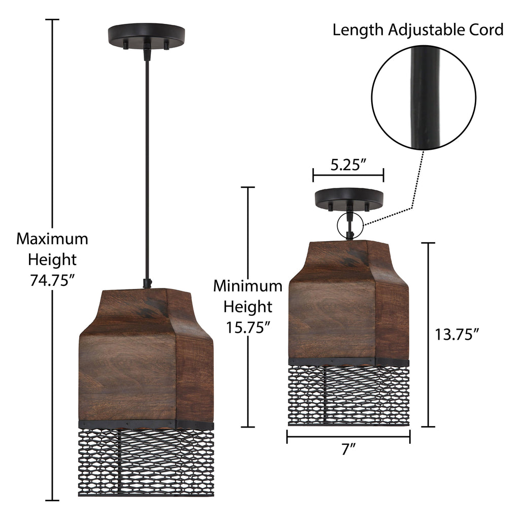 Black Metal Cage and Brown Wood Pendant Light