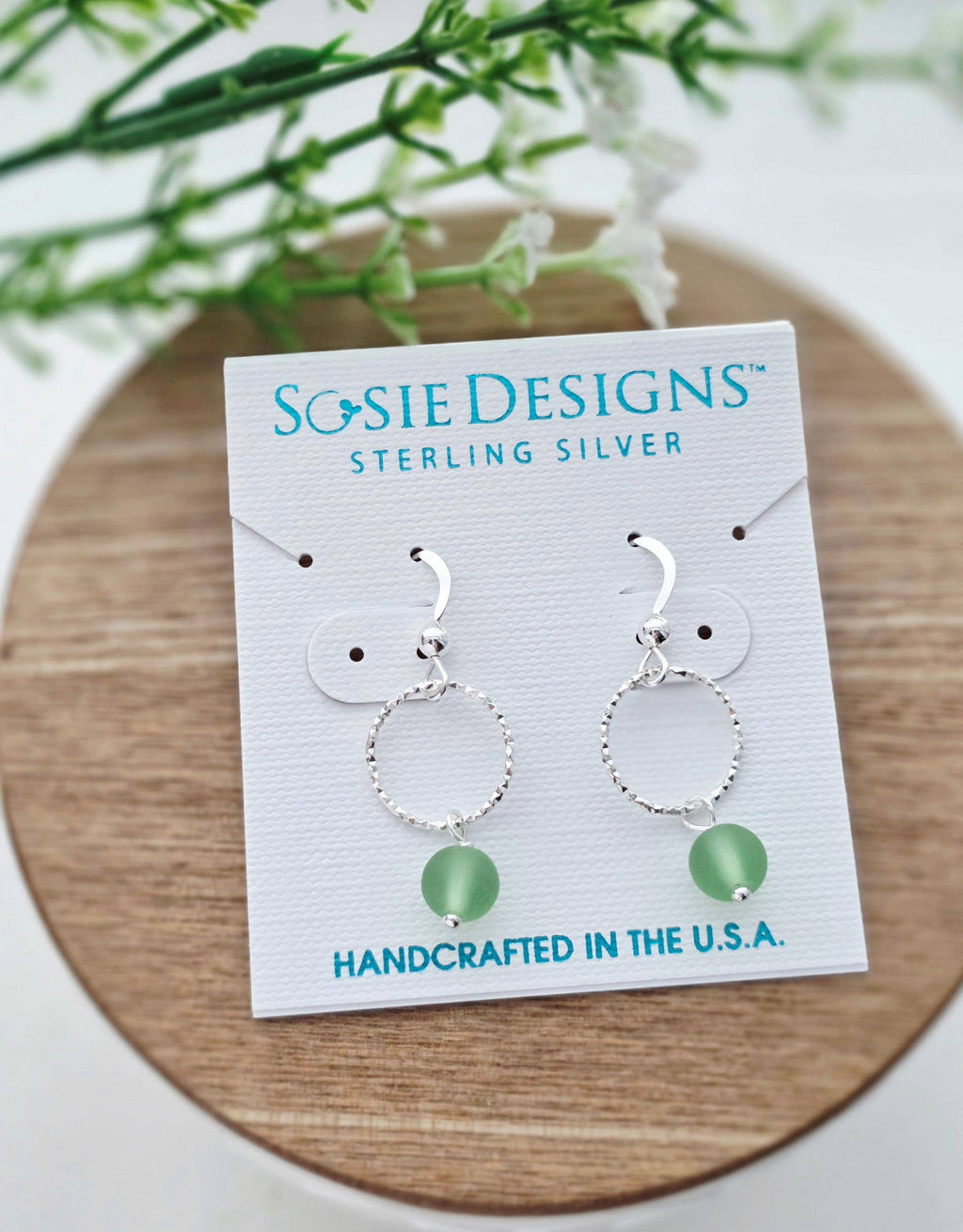 Sosie Designs - Cultured Sea Glass Diamond Cut Earrings - Peridot- 925 Silver