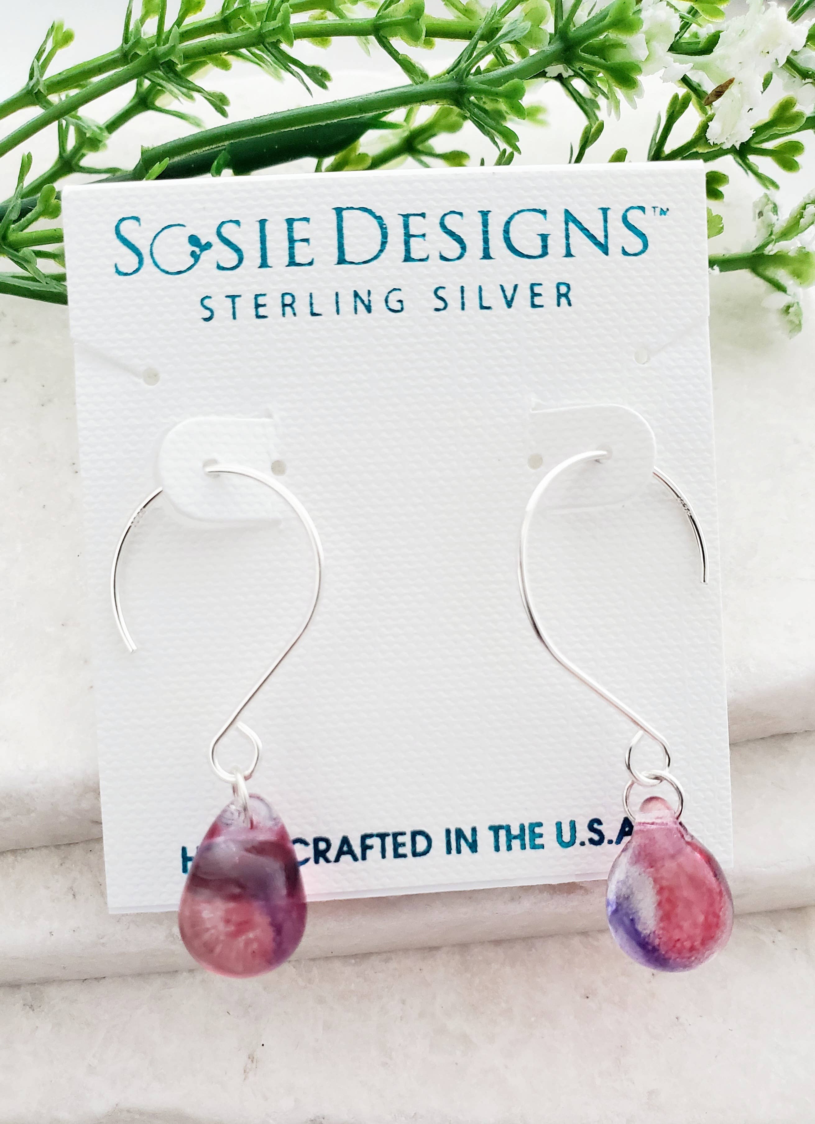 Sosie Designs - Glass Teardrop Earrings - Red Violet -  925 Silver