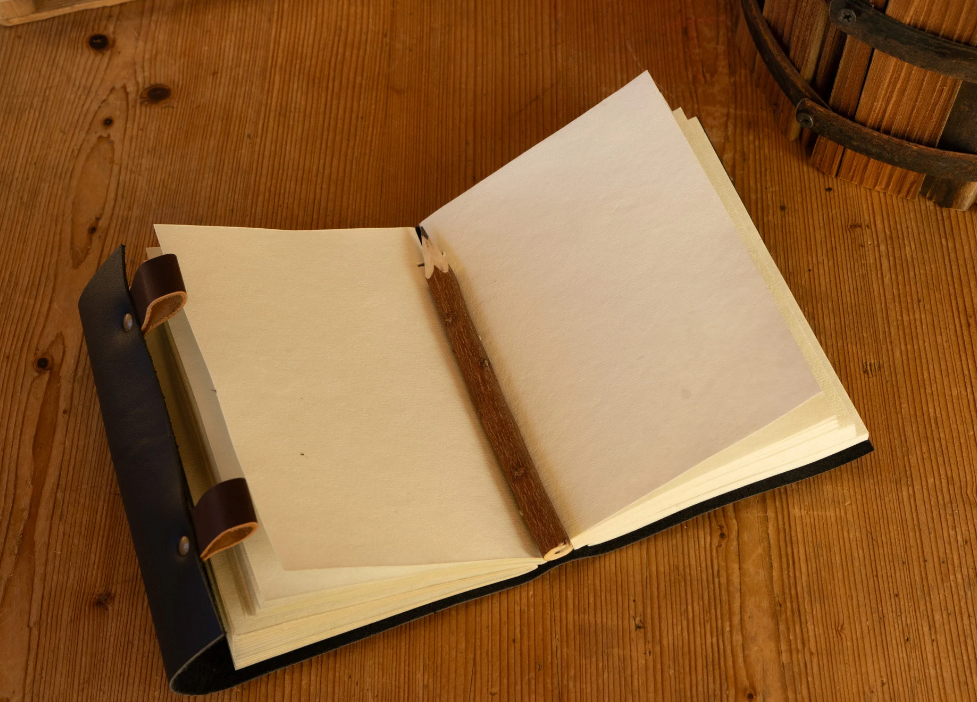 Black Leather 100-Page Paper Journal with Wooden Pen