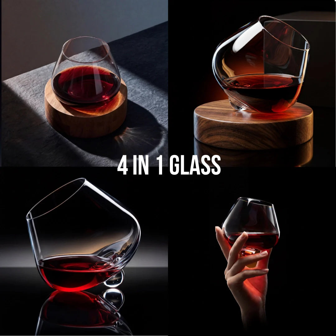 TsukiGlass - Kami Rotating Crystal Wine Glass & Wooden Coaster