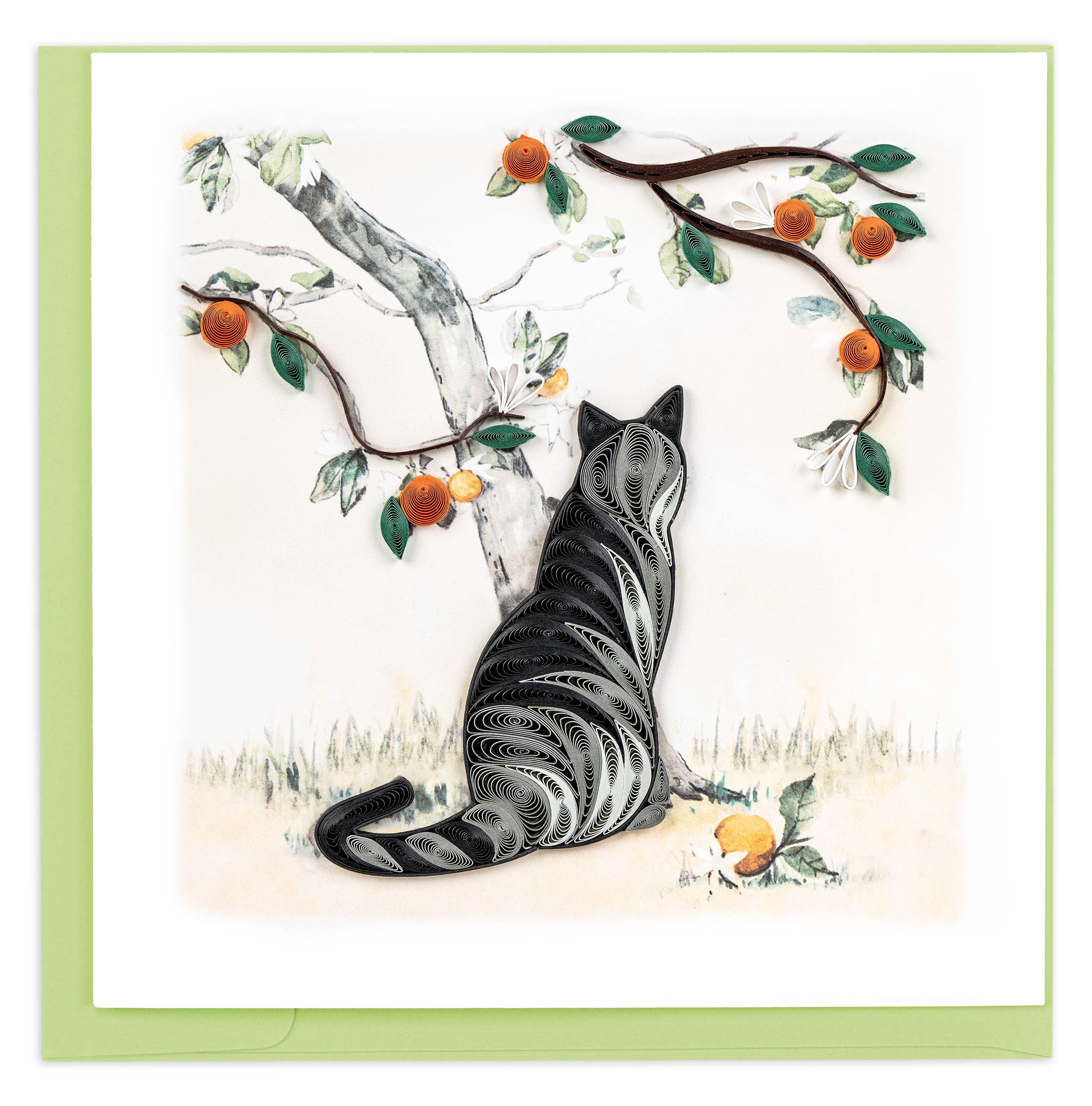 Quilling Greeting Card - Quilled Cat & Orange Branch