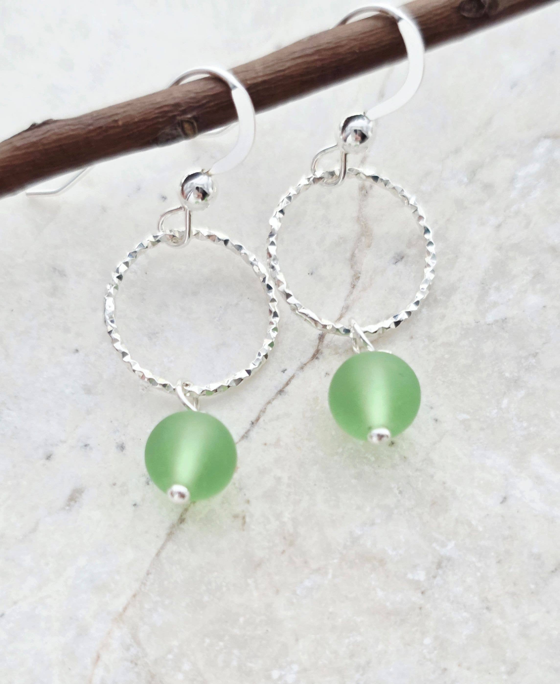 Sosie Designs - Cultured Sea Glass Diamond Cut Earrings - Peridot- 925 Silver