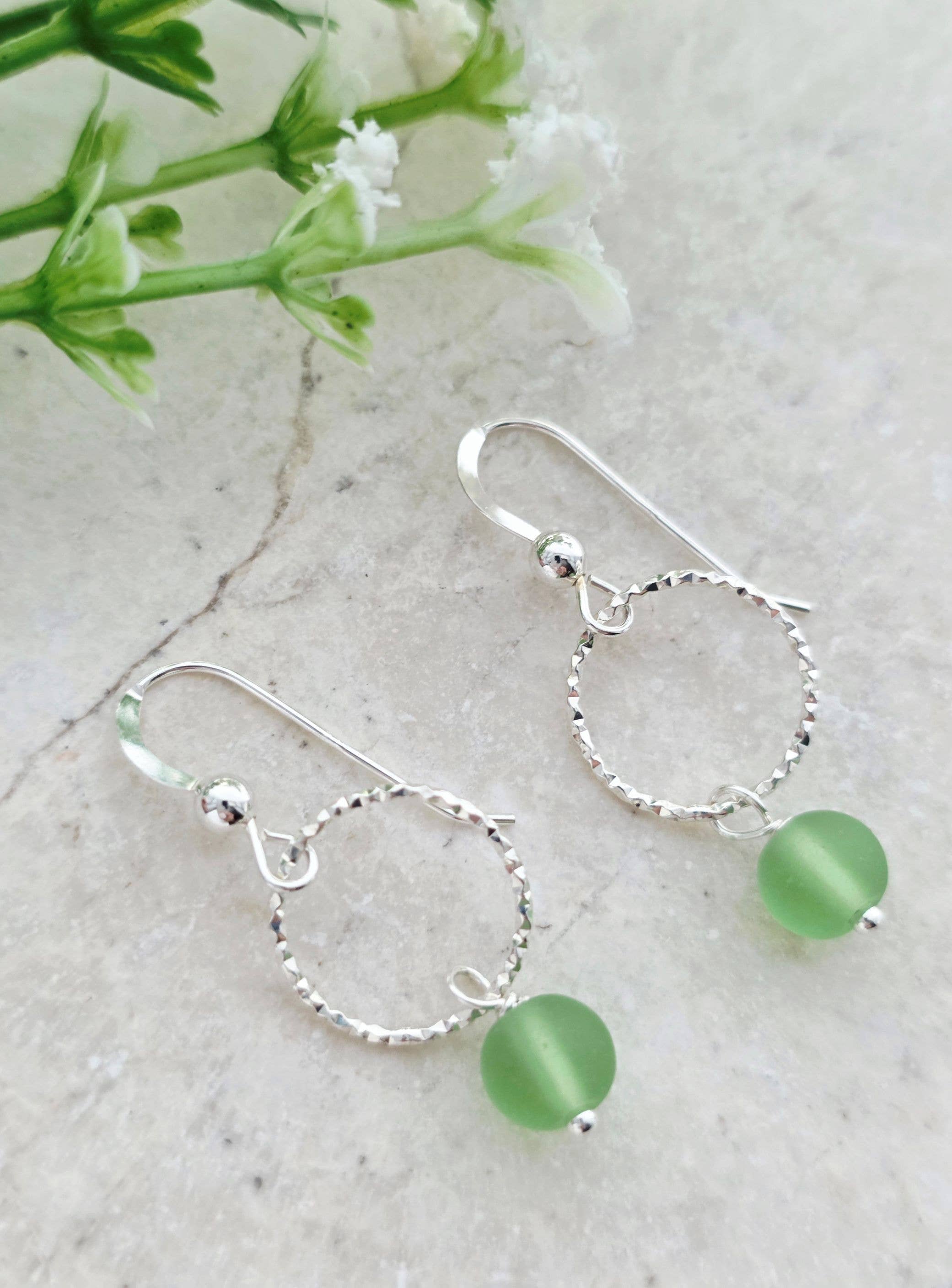 Sosie Designs - Cultured Sea Glass Diamond Cut Earrings - Peridot- 925 Silver