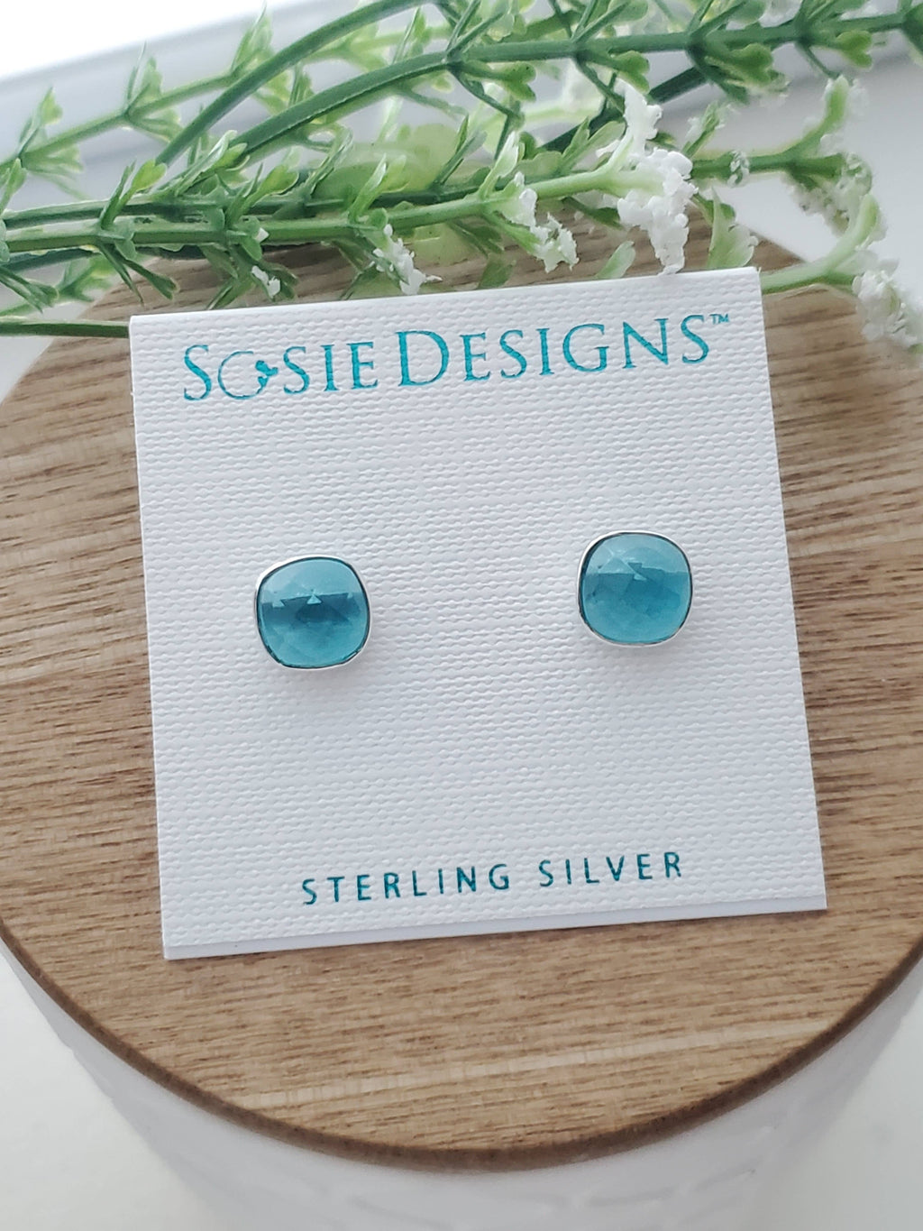 Sosie Designs - 925 Sterling Silver Cushion Studs - Blue Topaz Quartz