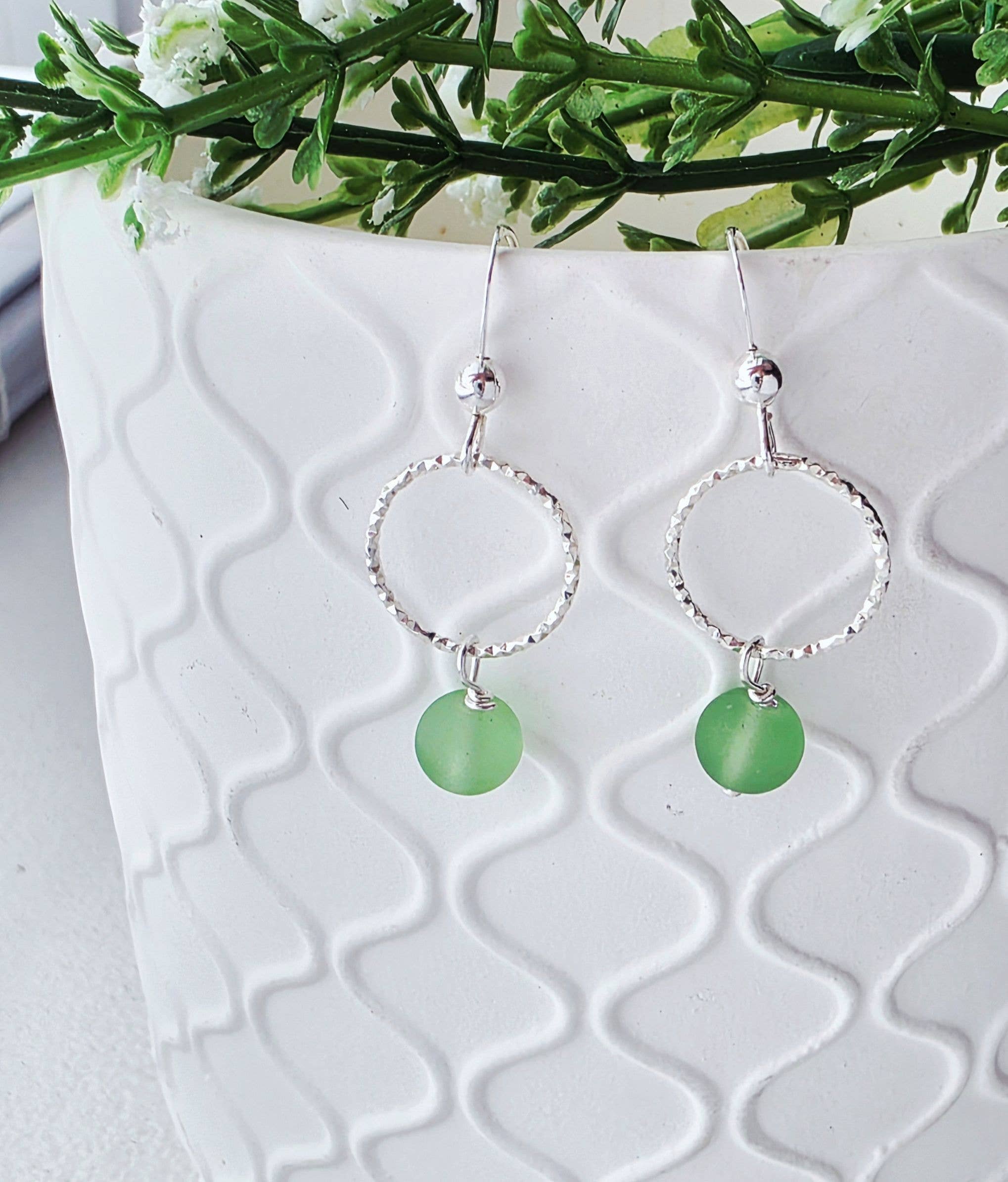 Sosie Designs - Cultured Sea Glass Diamond Cut Earrings - Peridot- 925 Silver