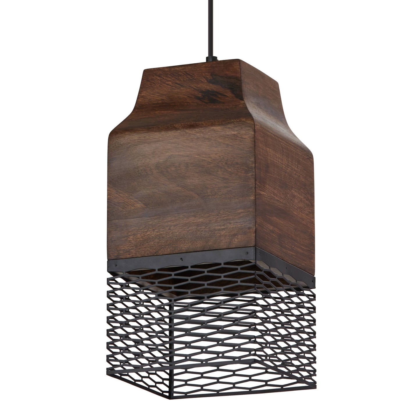 Black Metal Cage and Brown Wood Pendant Light