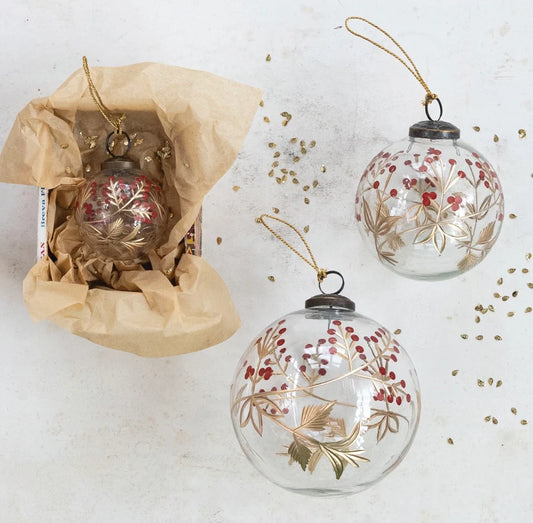 Ornament - Hand-Painted Etched Glass Ball w/Berry Design