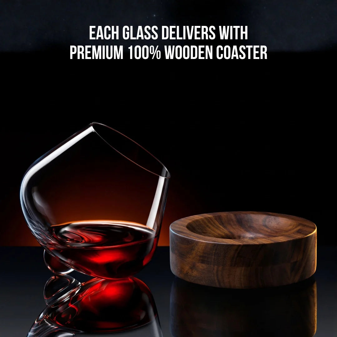 TsukiGlass - Kami Rotating Crystal Wine Glass & Wooden Coaster