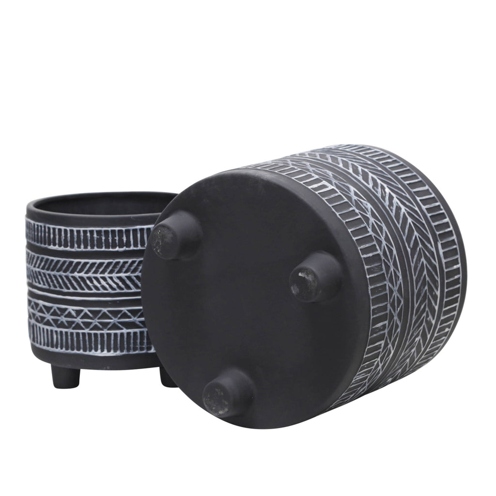 Sagebrook Home - Black Ceramic Tribal Footed Planter Pots