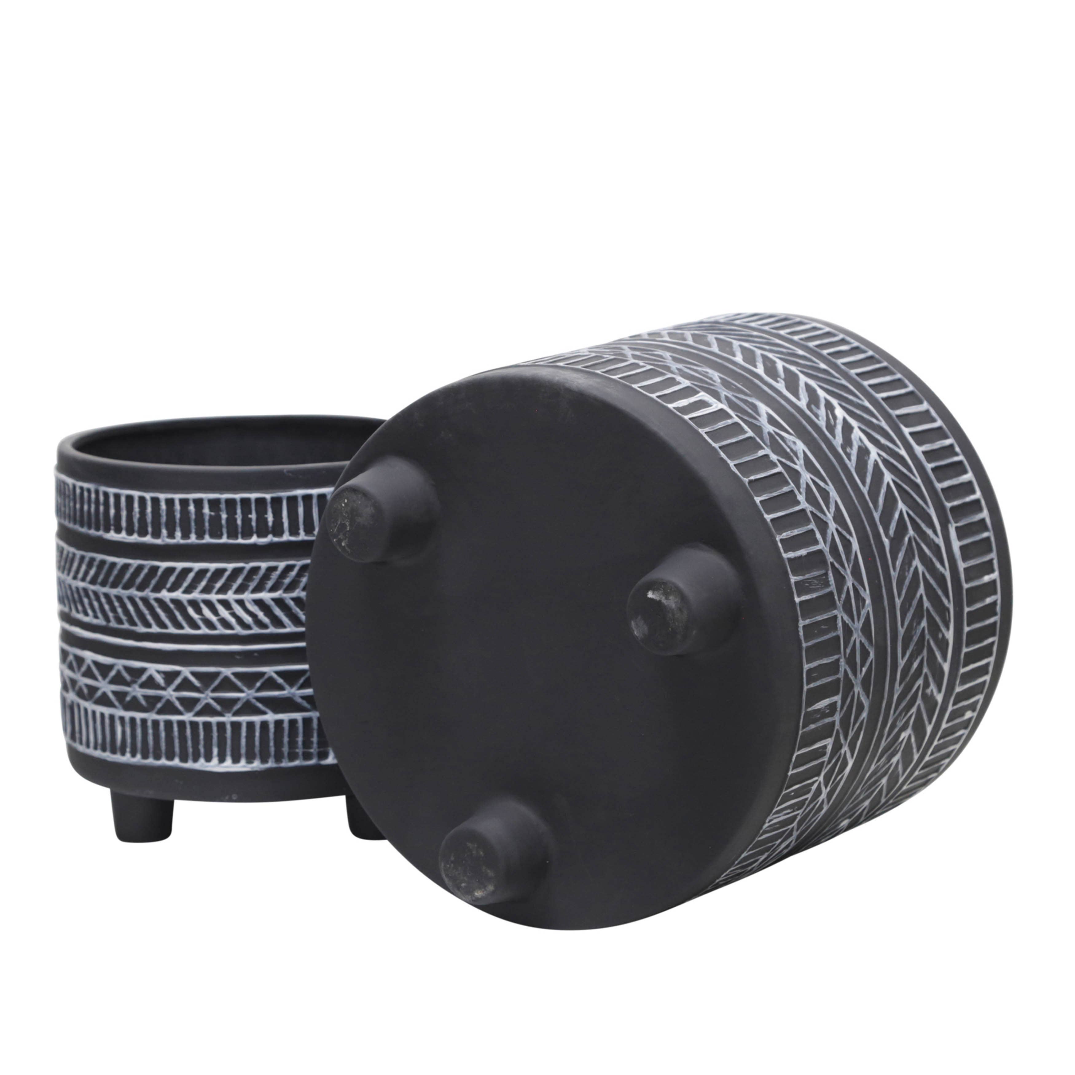 Sagebrook Home - Black Ceramic Tribal Footed Planter Pots