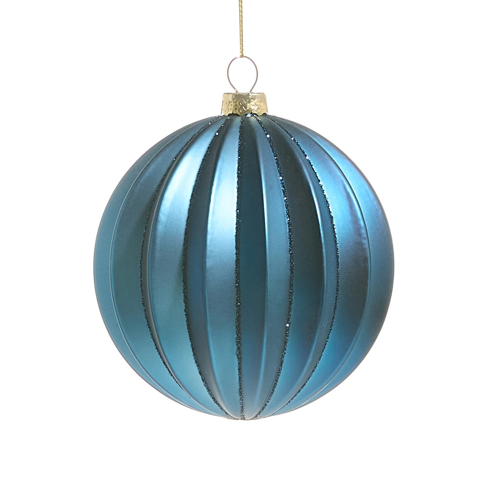 Ornament -  4"Blue Ribbed Ball