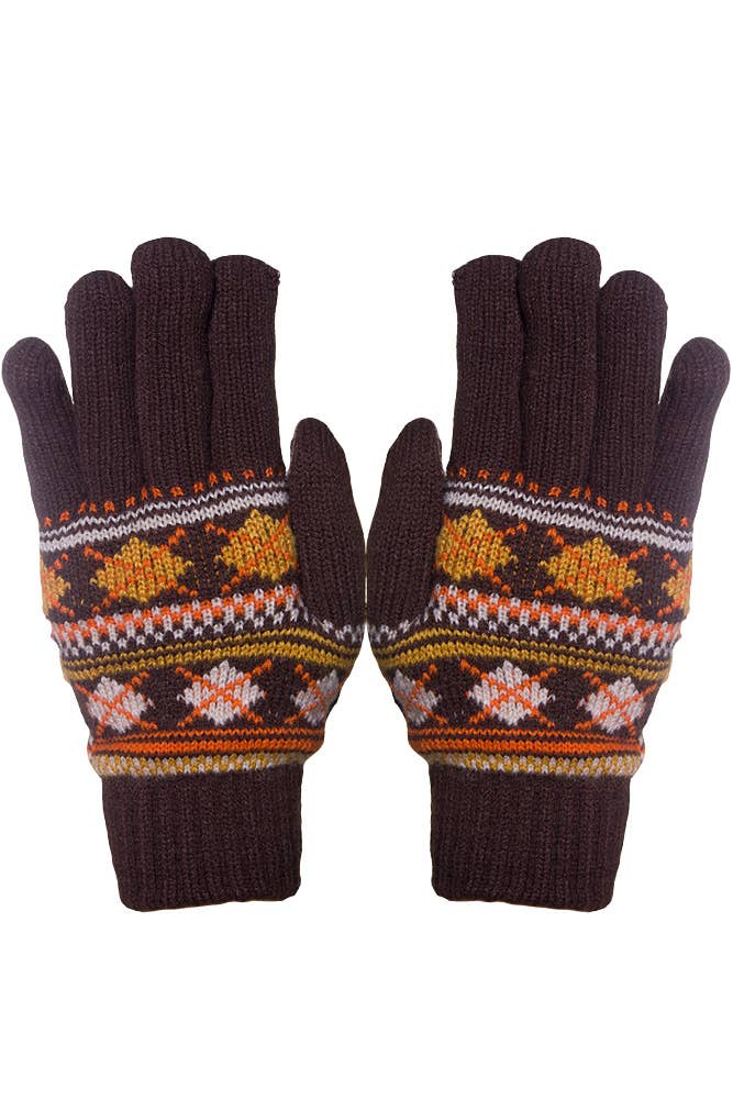 Hana - Assorted Geometric Pattern Fur Lining Knitted Gloves