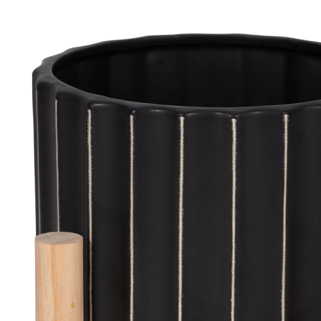 Sagebrook Home - Ceramic Striped Planter Pot with Wood Stand