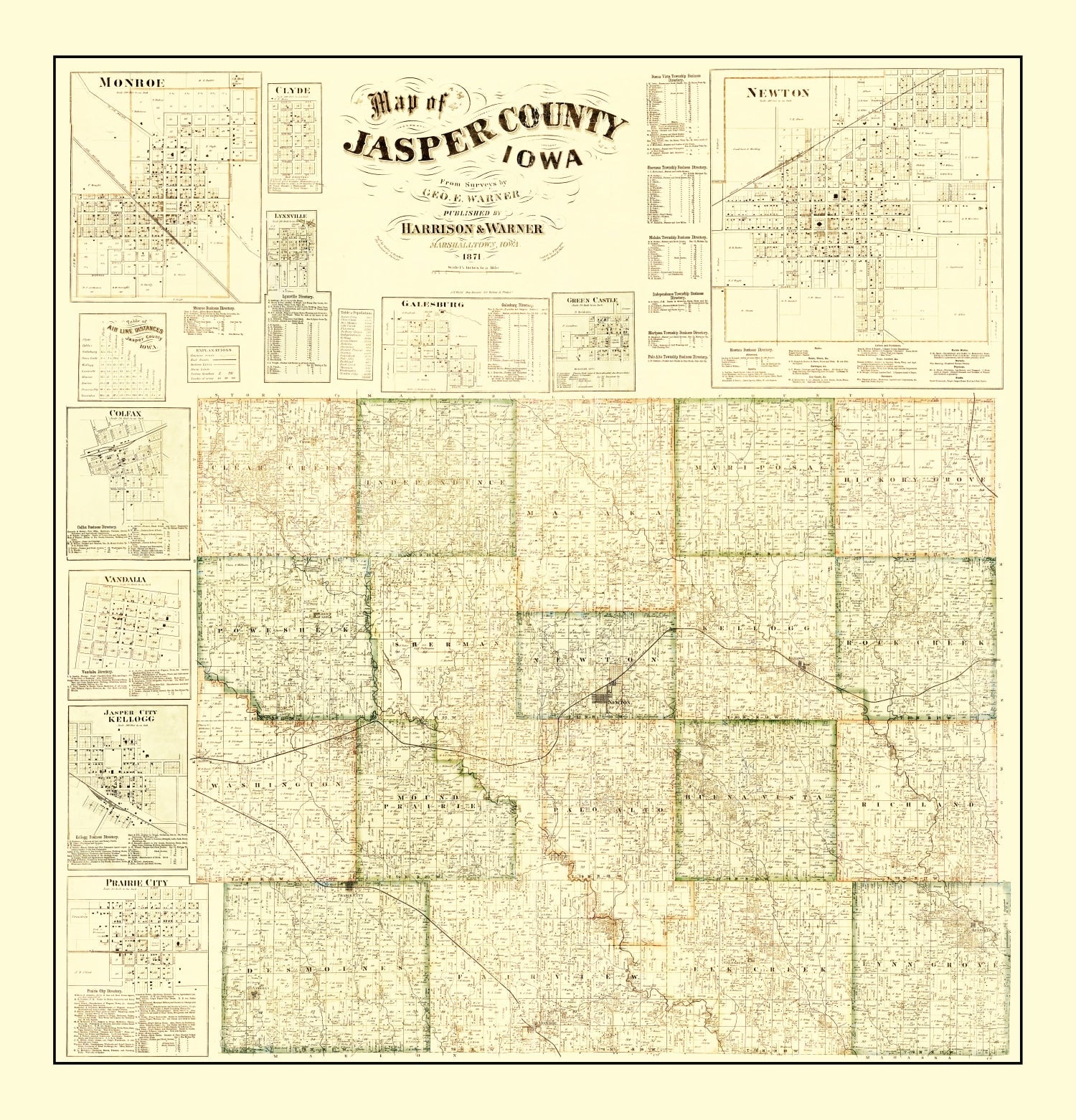Ted's Vintage Art - Vintage Map of Jasper County, Iowa 1871