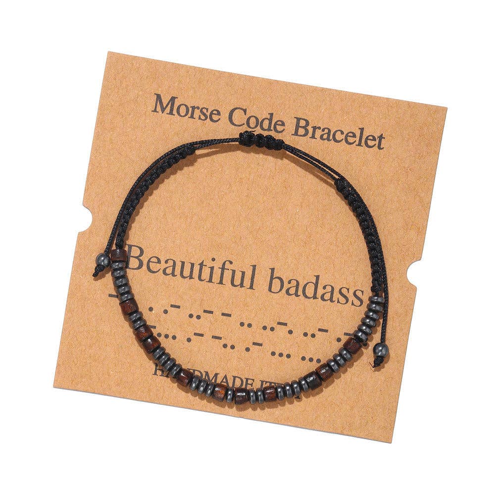 Multi-style Hand-woven Wood Bead Morse Code Bracelet