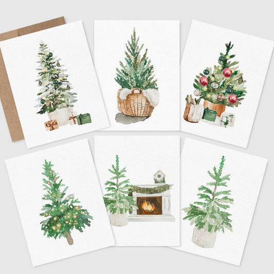 Boxed Set of 6 Holiday Greeting Cards, Christmas Trees