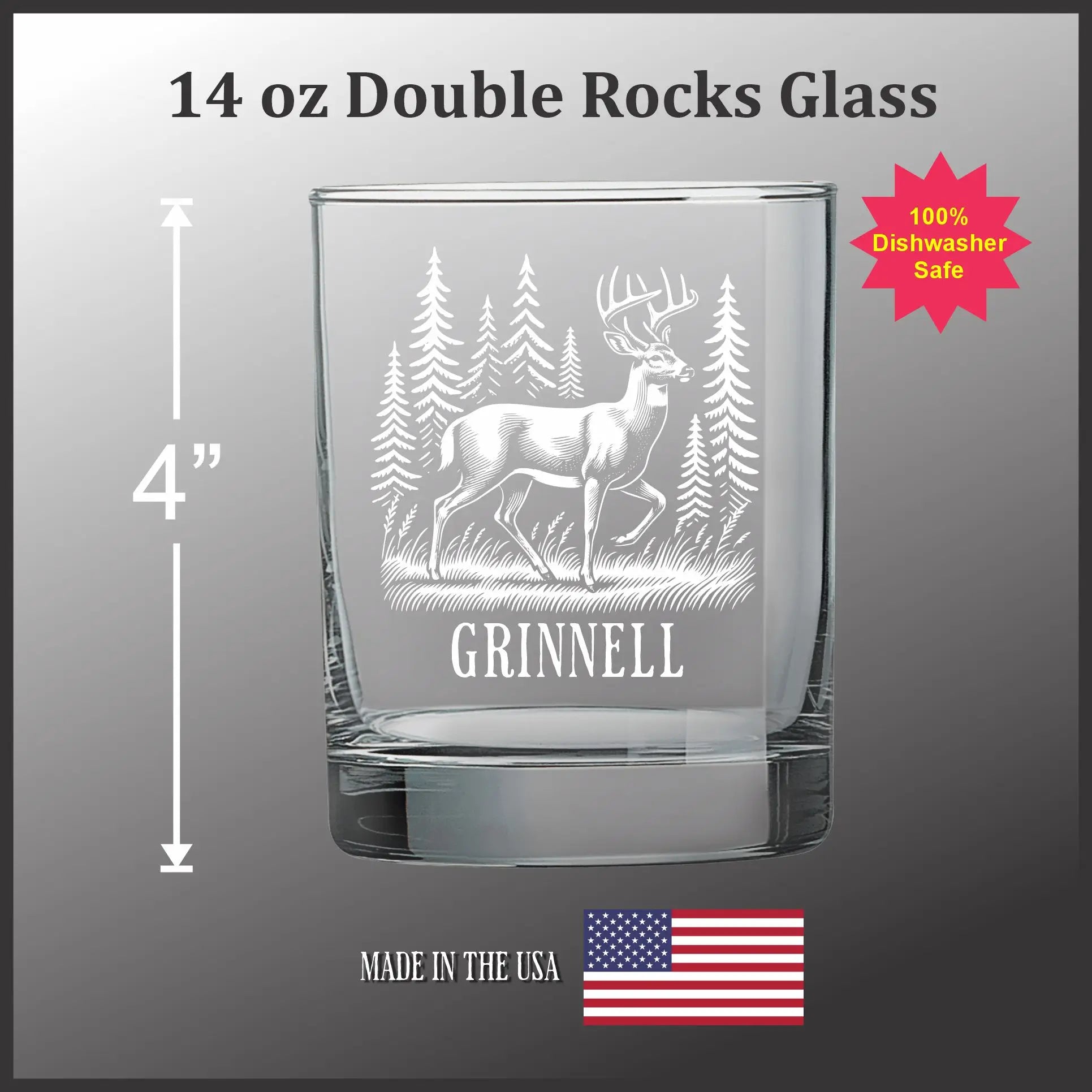 Grinnell Deer 14oz Double Old Fashioned Glass (Grinnell)