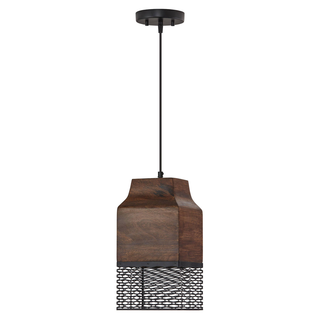 Black Metal Cage and Brown Wood Pendant Light