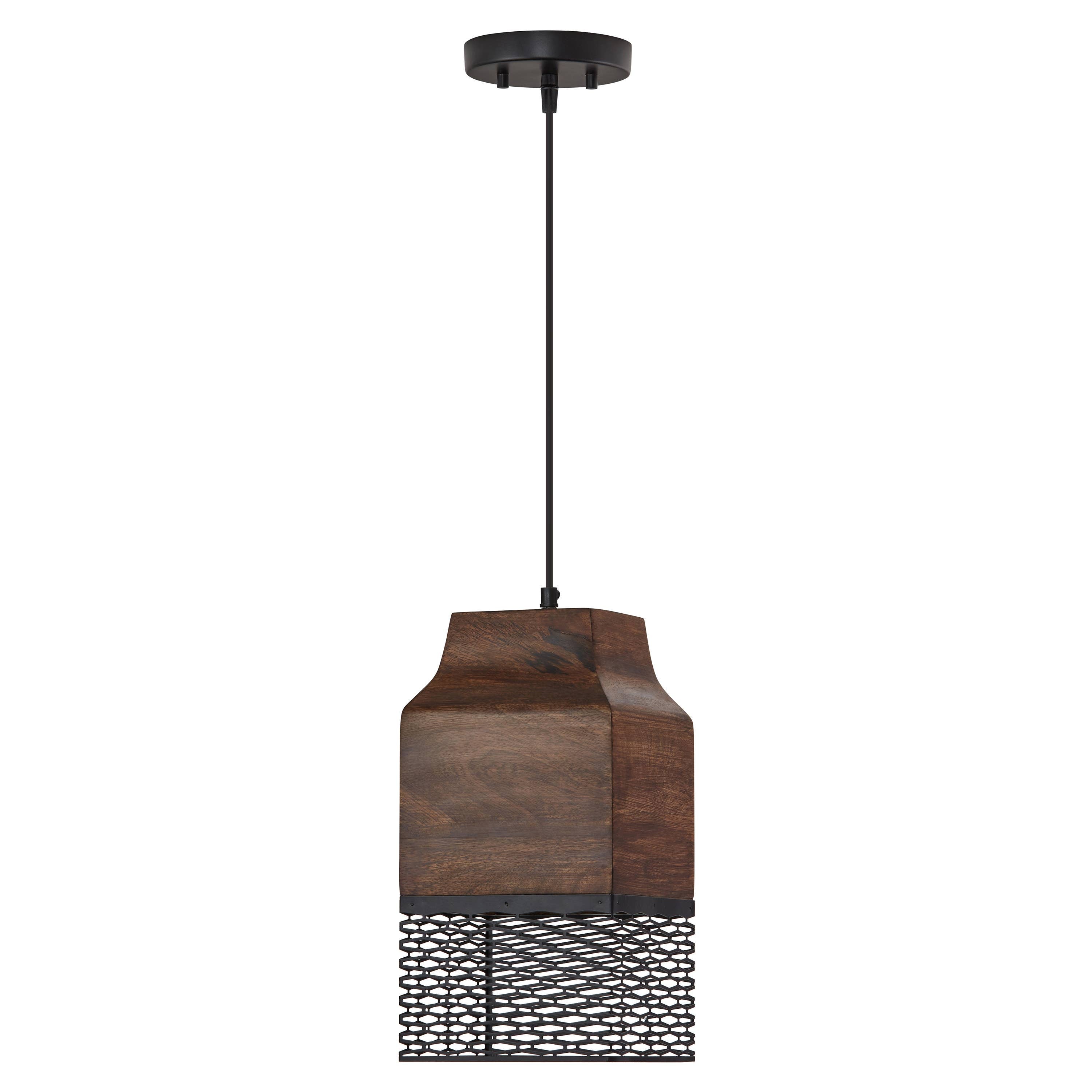 Black Metal Cage and Brown Wood Pendant Light