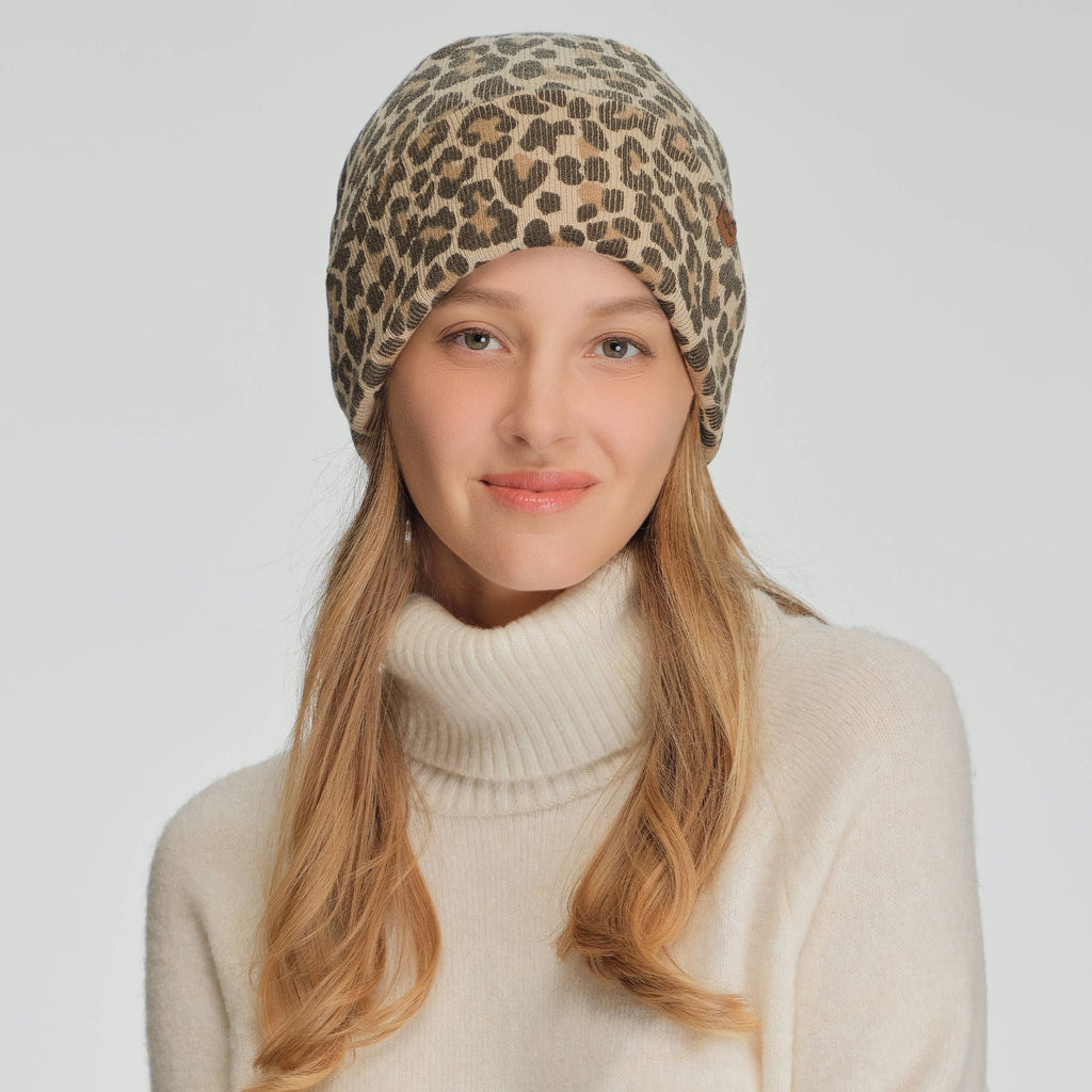 Hana - C.C Leopard Pattern Print Cuff Beanie Winter Hat