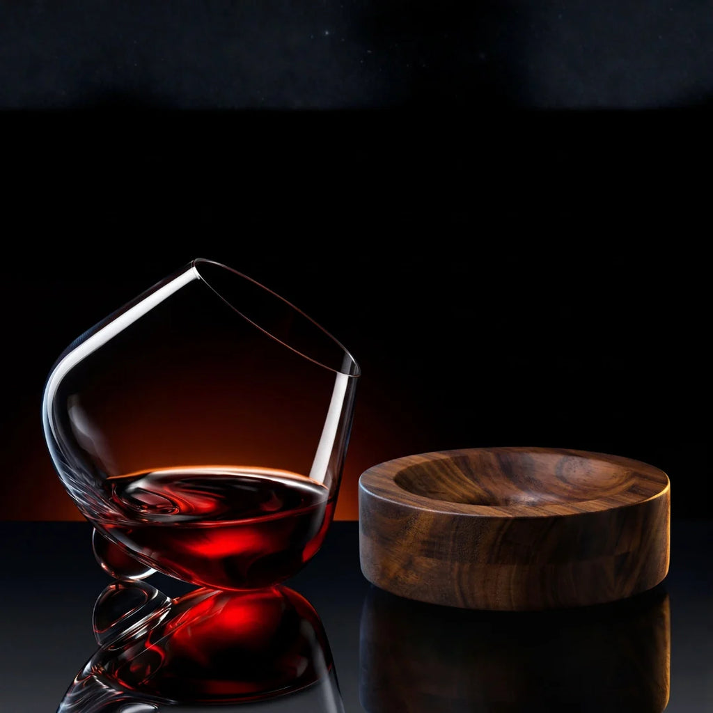TsukiGlass - Kami Rotating Crystal Wine Glass & Wooden Coaster